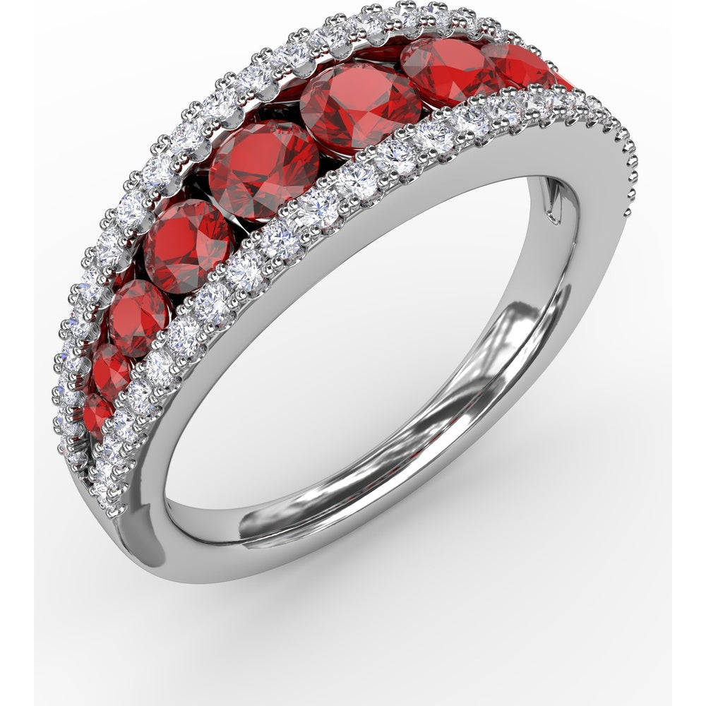 Wide Band Ring with Channel Set Round Rubies and Pavé Diamond Borders by Fana - 1.51 Carat Total Gemstone Weight