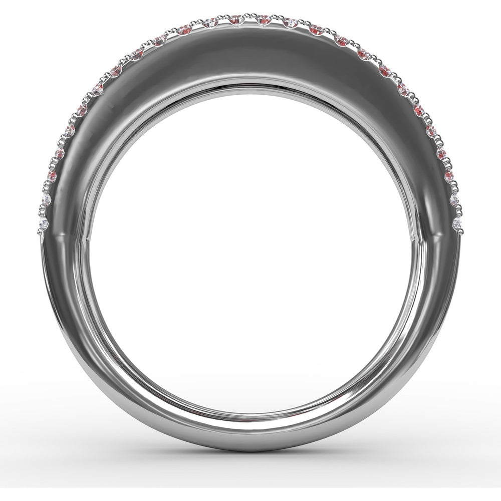 Wide Band Ring with Channel Set Round Rubies and Pavé Diamond Borders by Fana - 1.51 Carat Total Gemstone Weight
