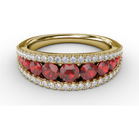 Wide Band Ring with Channel Set Round Rubies and Pavé Diamond Borders by Fana - 1.51 Carat Total Gemstone Weight