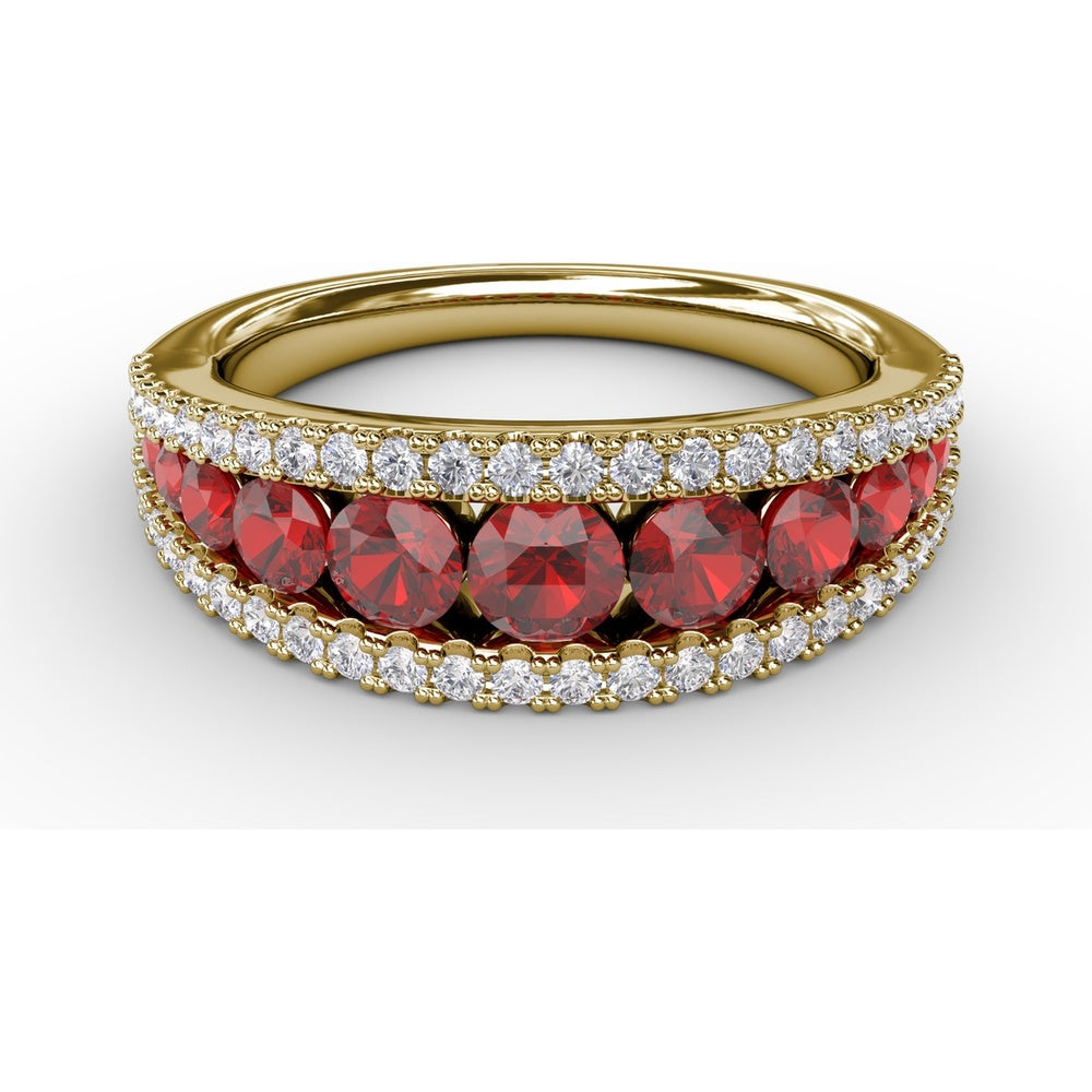 Wide Band Ring with Channel Set Round Rubies and Pavé Diamond Borders by Fana - 1.51 Carat Total Gemstone Weight