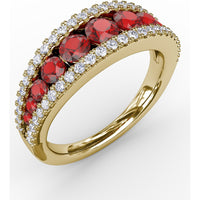 Wide Band Ring with Channel Set Round Rubies and Pavé Diamond Borders by Fana - 1.51 Carat Total Gemstone Weight