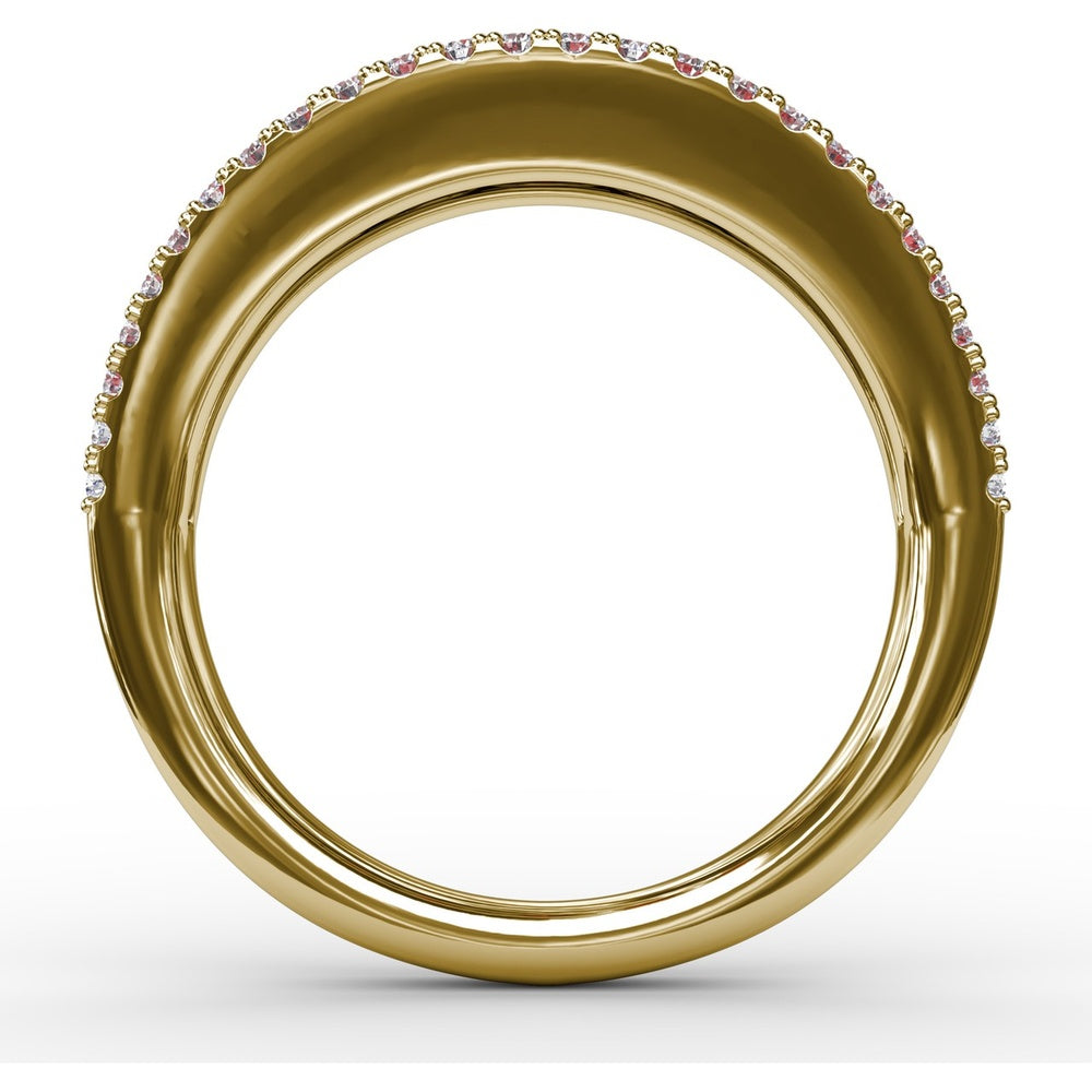 Wide Band Ring with Channel Set Round Rubies and Pavé Diamond Borders by Fana - 1.51 Carat Total Gemstone Weight