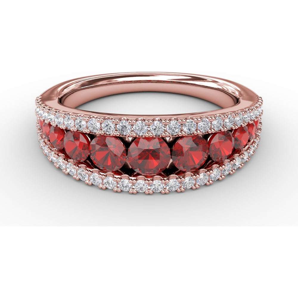Wide Band Ring with Channel Set Round Rubies and Pavé Diamond Borders by Fana - 1.51 Carat Total Gemstone Weight