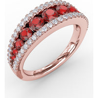 Wide Band Ring with Channel Set Round Rubies and Pavé Diamond Borders by Fana - 1.51 Carat Total Gemstone Weight