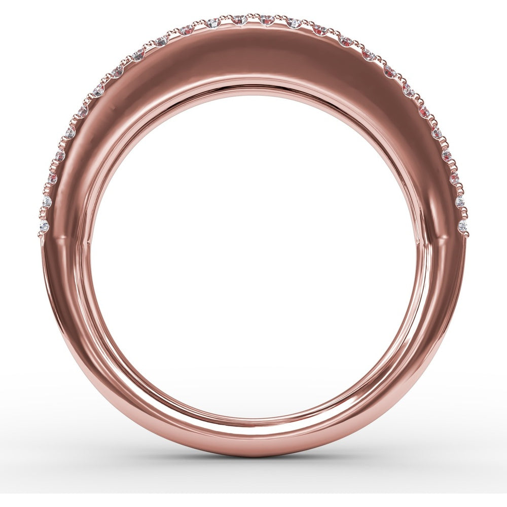 Wide Band Ring with Channel Set Round Rubies and Pavé Diamond Borders by Fana - 1.51 Carat Total Gemstone Weight