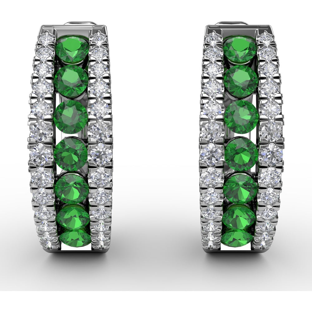 Wide Hoop Earrings with Channel Set Round Emeralds and Pavé Diamonds by Fana - 0.89 Carat Total Emerald Weight