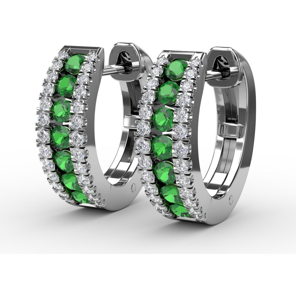Wide Hoop Earrings with Channel Set Round Emeralds and Pavé Diamonds by Fana - 0.89 Carat Total Emerald Weight