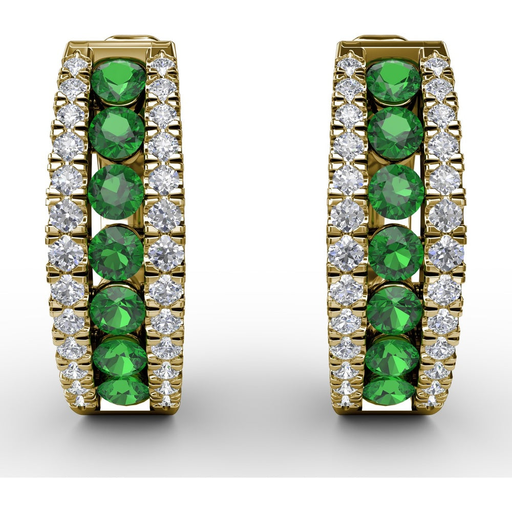 Wide Hoop Earrings with Channel Set Round Emeralds and Pavé Diamonds by Fana - 0.89 Carat Total Emerald Weight