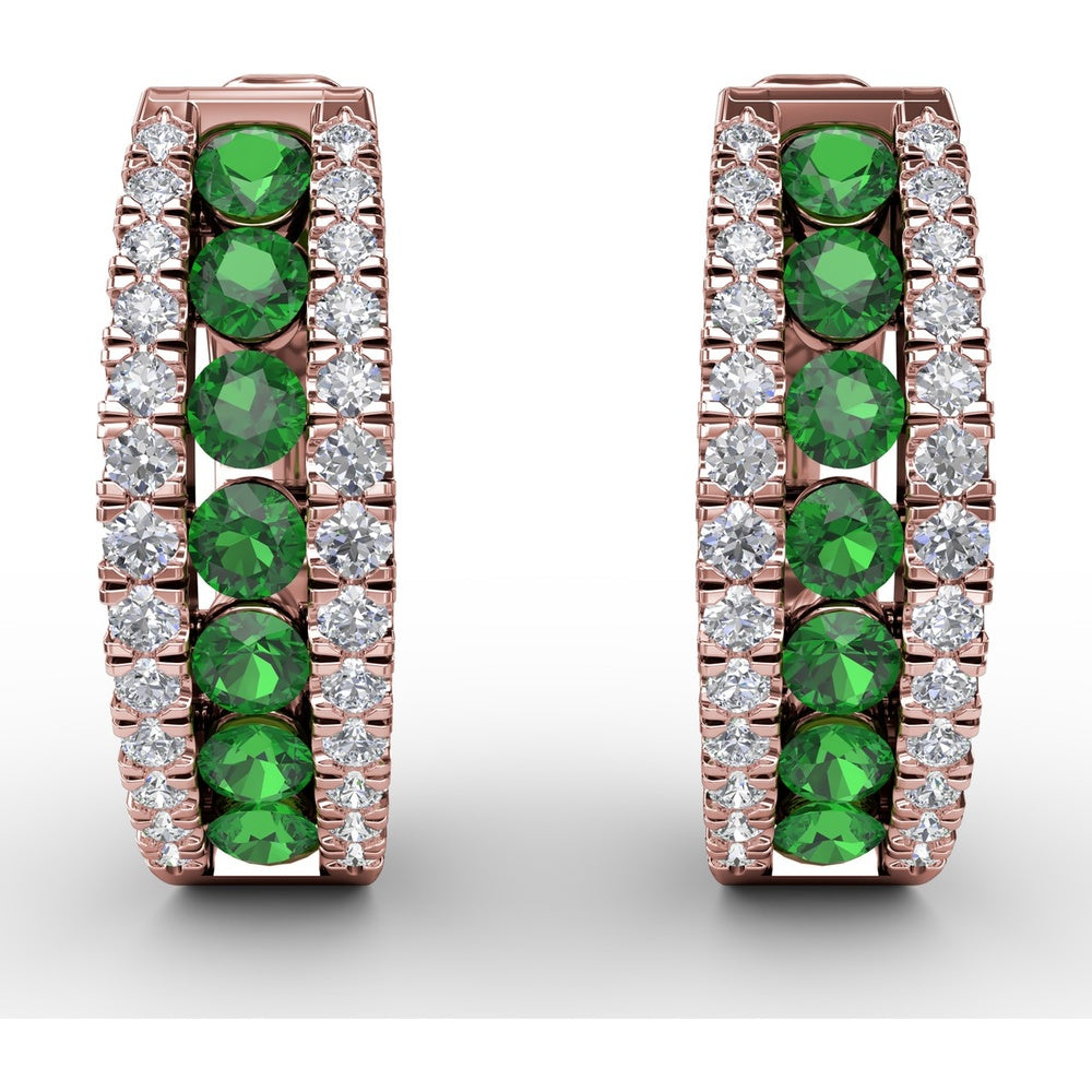 Wide Hoop Earrings with Channel Set Round Emeralds and Pavé Diamonds by Fana - 0.89 Carat Total Emerald Weight