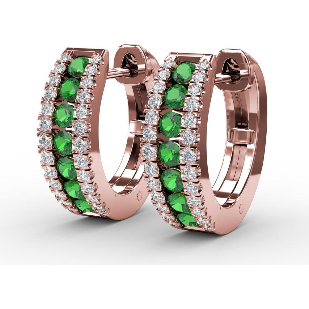 Wide Hoop Earrings with Channel Set Round Emeralds and Pavé Diamonds by Fana - 0.89 Carat Total Emerald Weight
