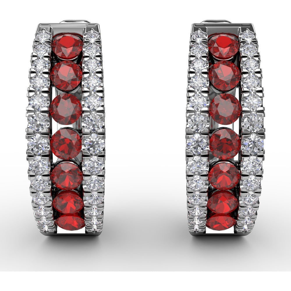 Wide Hoop Earrings with Channel Set Round Rubies and Pavé Diamonds by Fana - 1.03 Carat Total Gemstone Weight
