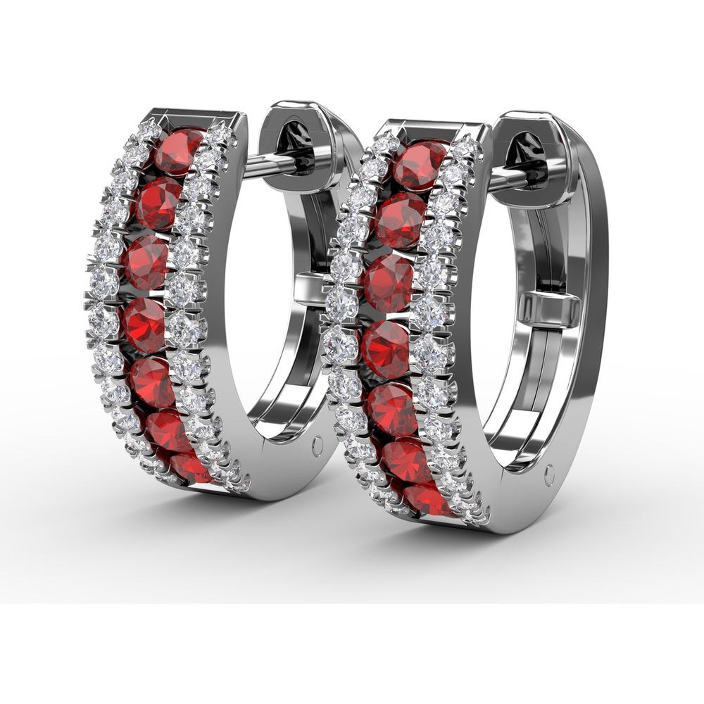 Wide Hoop Earrings with Channel Set Round Rubies and Pavé Diamonds by Fana - 1.03 Carat Total Gemstone Weight