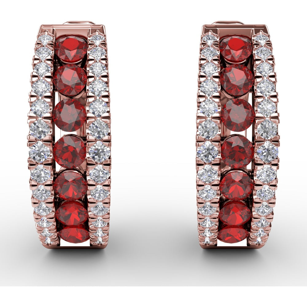 Wide Hoop Earrings with Channel Set Round Rubies and Pavé Diamonds by Fana - 1.03 Carat Total Gemstone Weight