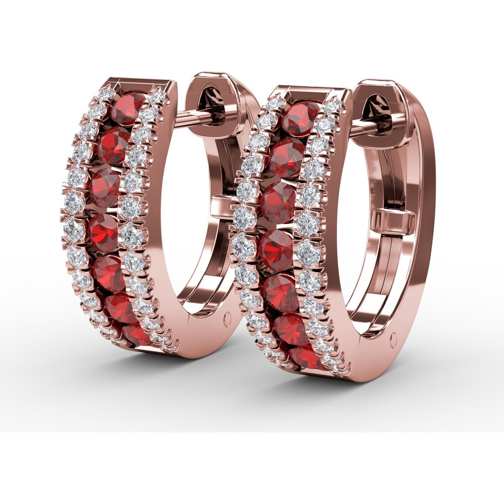 Wide Hoop Earrings with Channel Set Round Rubies and Pavé Diamonds by Fana - 1.03 Carat Total Gemstone Weight