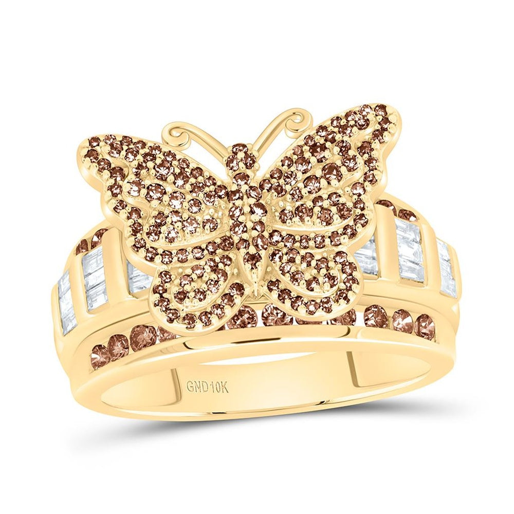 Yellow Gold Brown and White Diamond Butterfly Ring - 1 Carat Total Diamond Weight