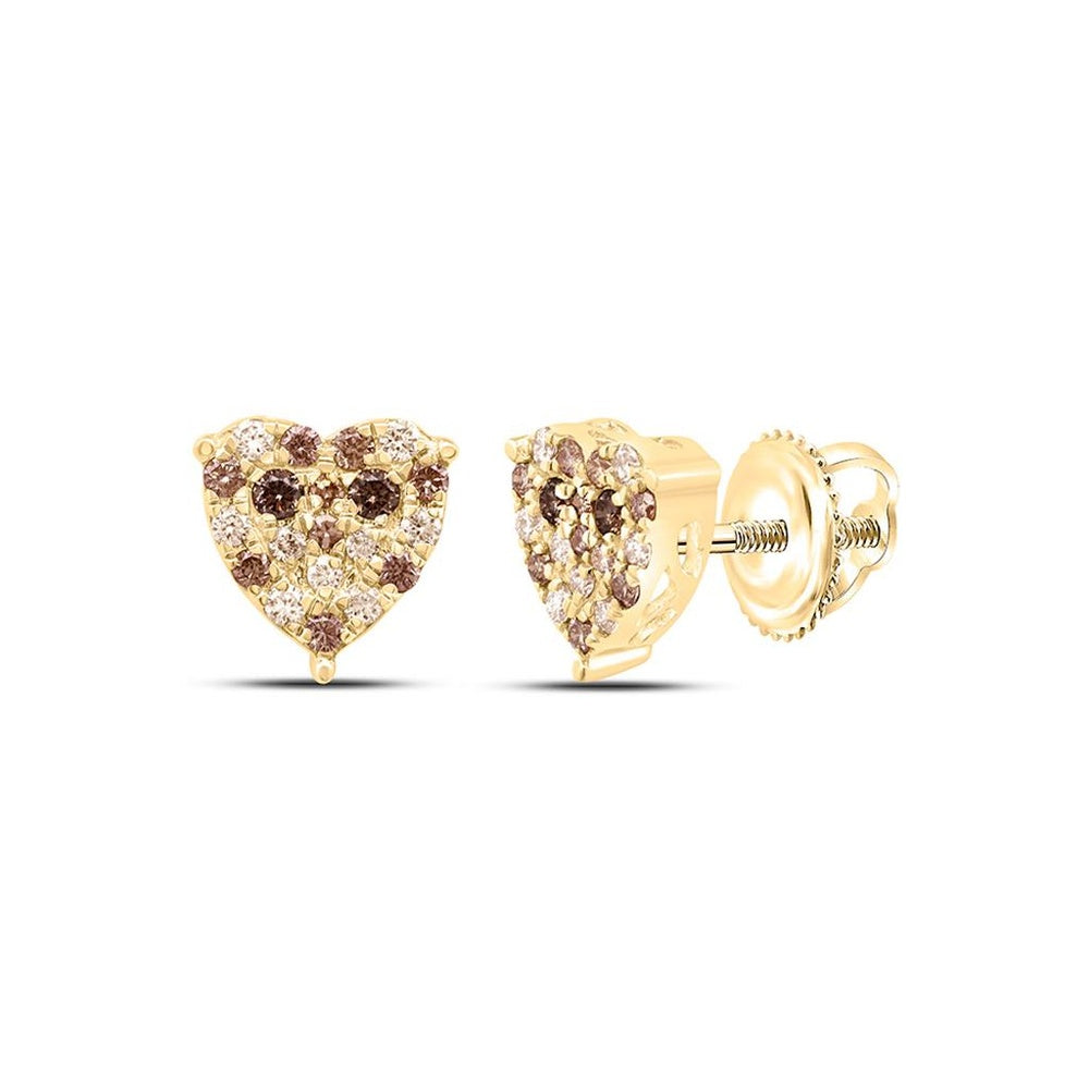 Yellow Gold Brown and White Diamond Heart Earrings - 1/2 Carat Total Diamond Weight