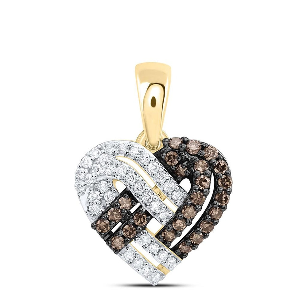 Yellow Gold Brown and White Diamond Heart Pendant - 1/3 Carat Total Diamond Weight