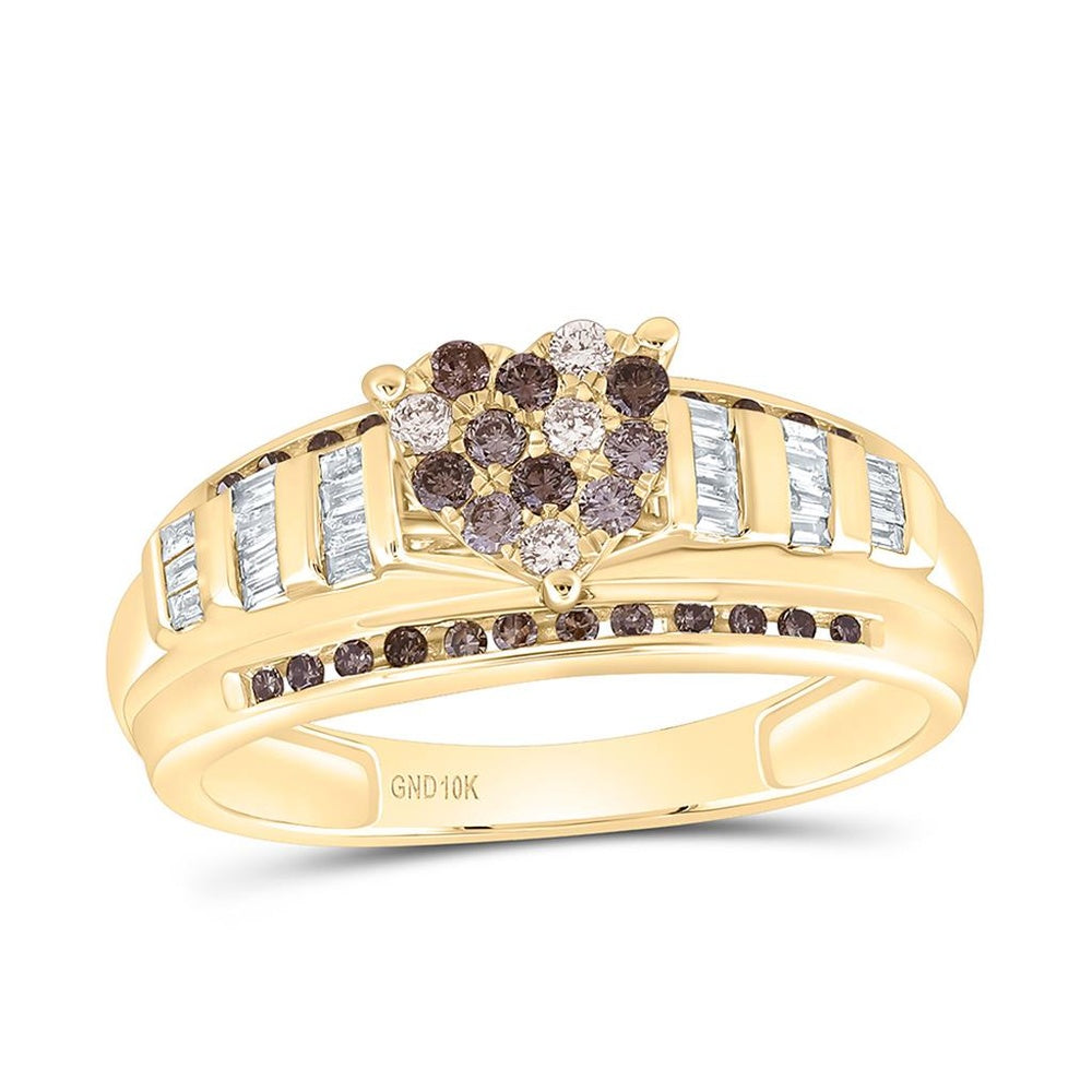Yellow Gold Brown and White Diamond Heart Ring - 1/2 Carat Total Diamond Weight