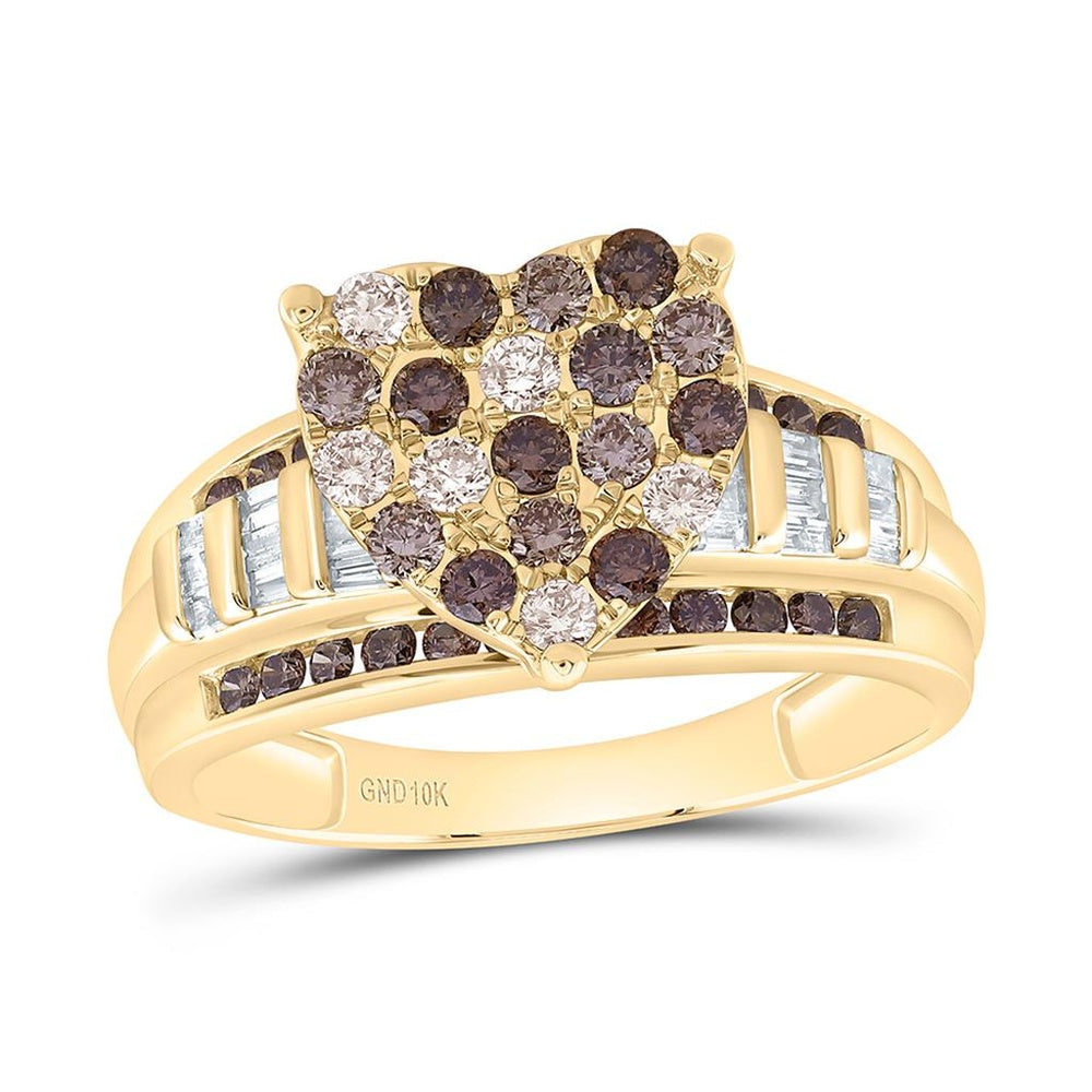 Yellow Gold Brown and White Diamond Heart Ring - 1 Carat Total Diamond Weight