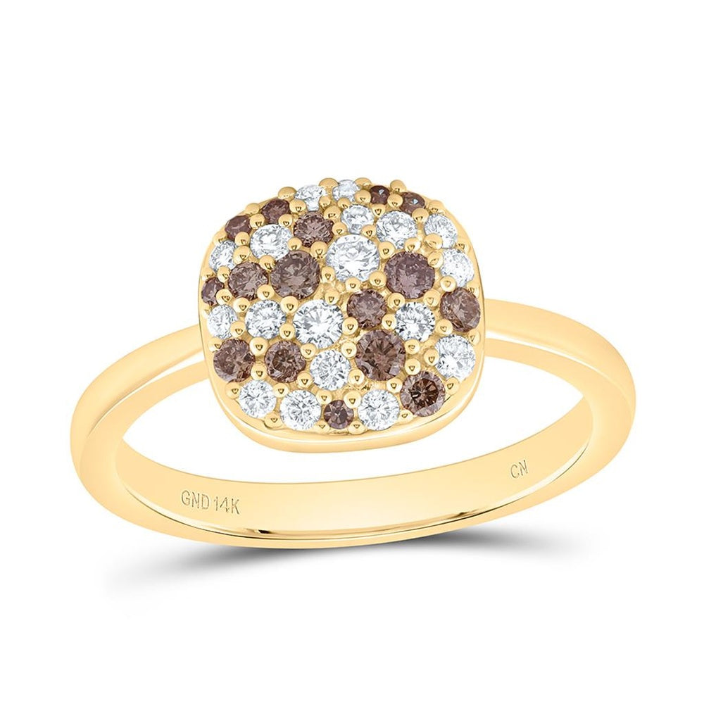 Yellow Gold Cushion Brown and White Diamond Ring - 1/2 Carat Total Diamond Weight