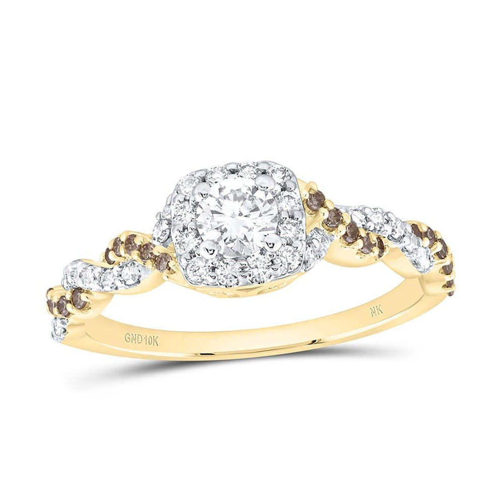 Yellow Gold Cushion Brown and White Diamond Ring - 5/8 Carat Total Diamond Weight