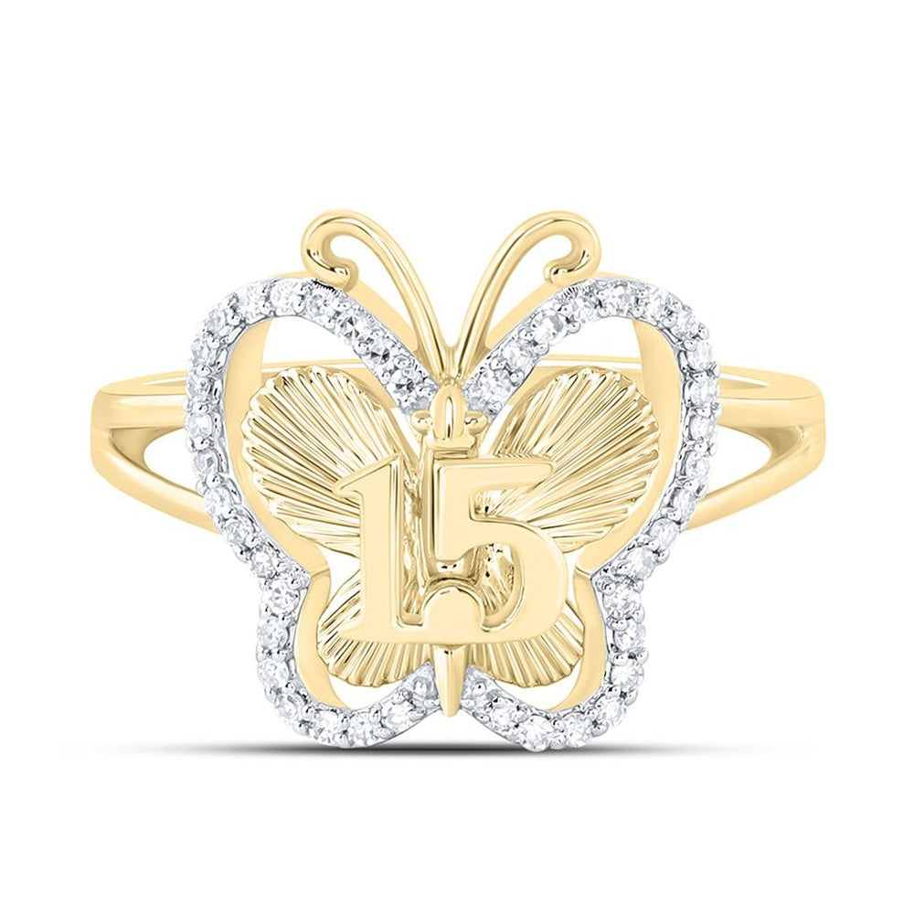 Yellow Gold Diamond Butterfly Ring - 1/6 Carat Total Diamond Weight