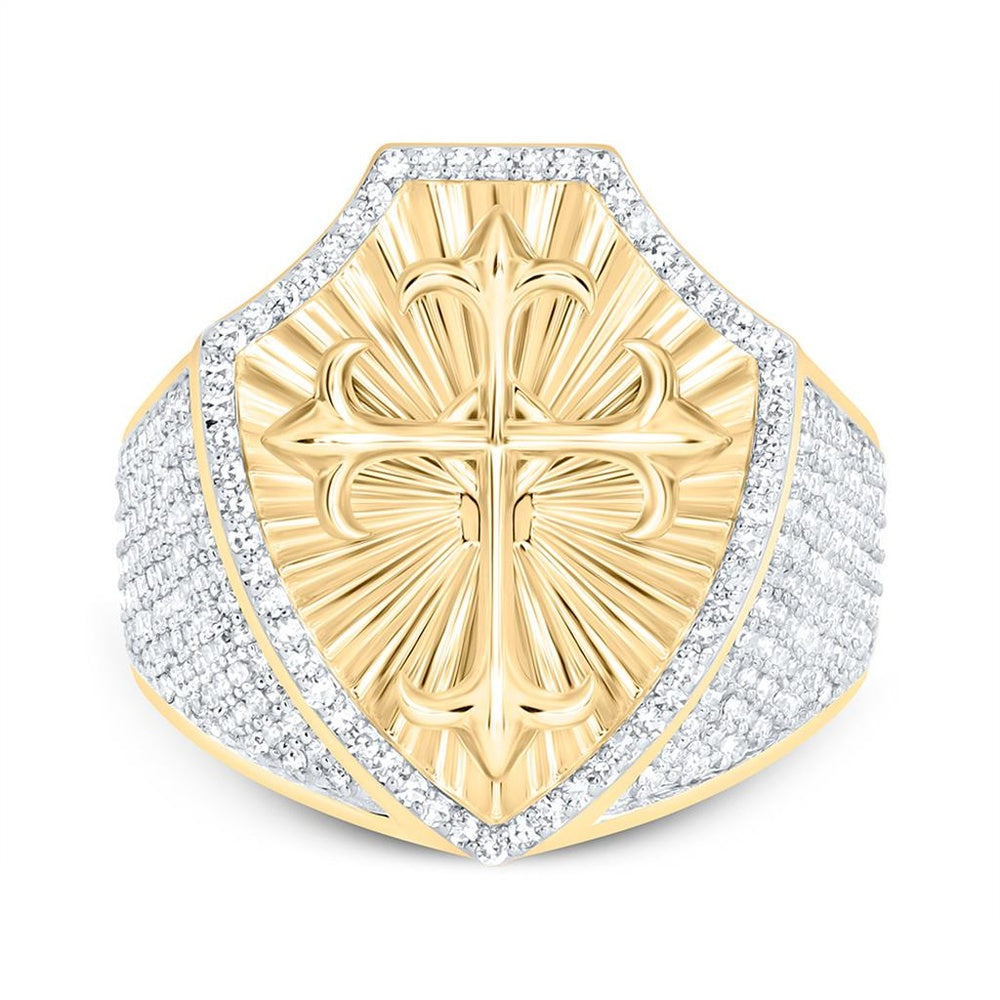 Yellow Gold Diamond Cross Ring - 7/8 Carat Total Diamond Weight