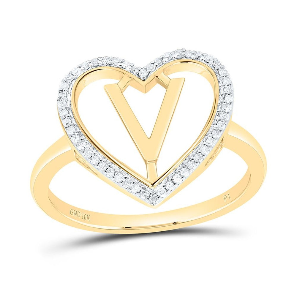 Yellow Gold Diamond Initial V Ring - 1/10 Carat Total Diamond Weight