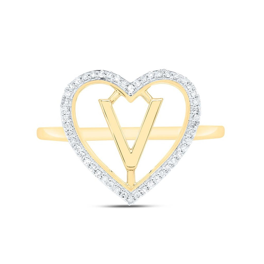 Yellow Gold Diamond Initial V Ring - 1/10 Carat Total Diamond Weight