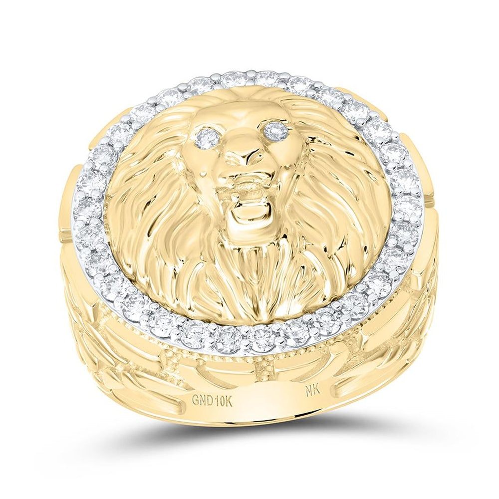 Yellow Gold Diamond Lion Ring - 7/8 Carat Total Diamond Weight