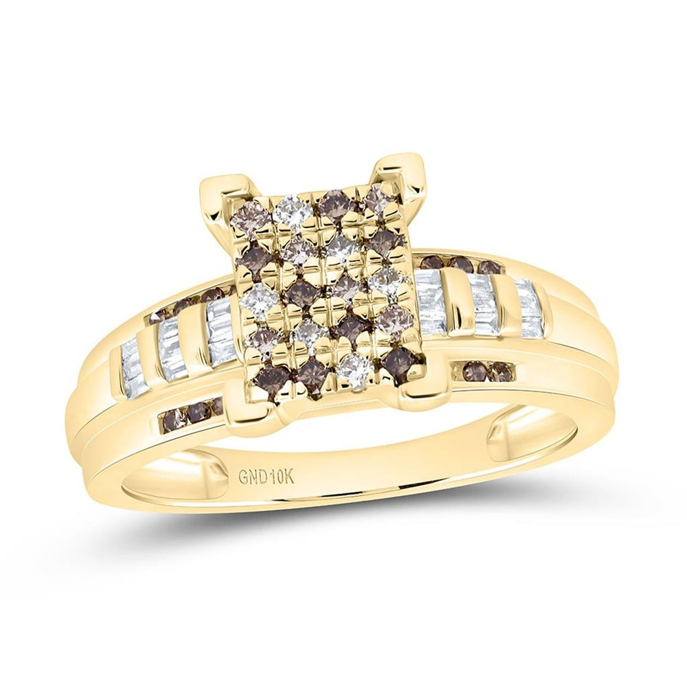 Yellow Gold Emerald Brown and White Diamond Ring - 1/2 Carat Total Gemstone Weight