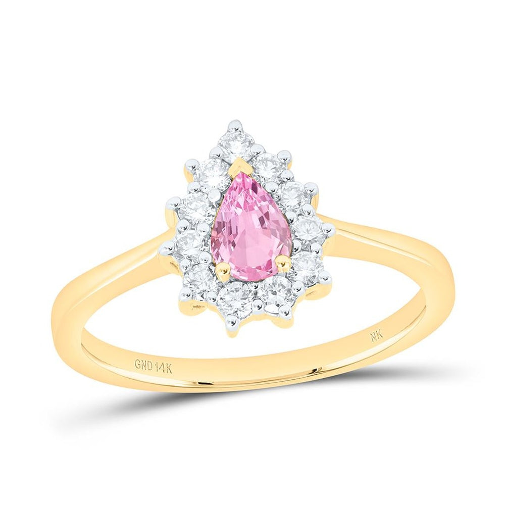 Yellow Gold Natural Diamond 6X4 mm Pear Pink Sapphire Pear Ring - 1/4 Carat Total Gemstone Weight