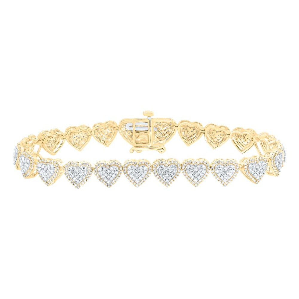 Yellow Gold Natural Diamond (7.10  mm) Heart Bracelet (7 Inch) - 2 1/2 Carat Total Diamond Weight