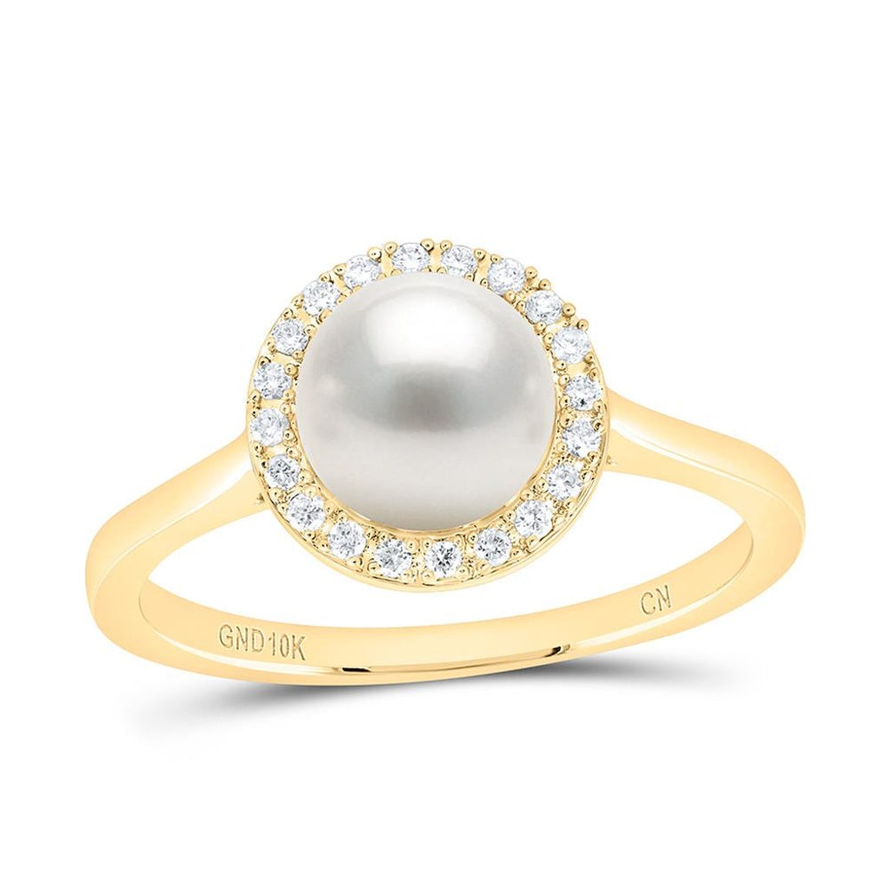 Yellow Gold Natural Diamond 7 mm Pearl Ring - 1/10 Carat Total Gemstone Weight