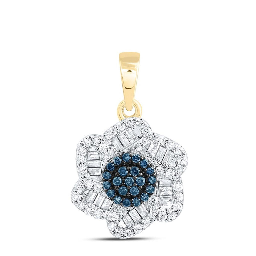 Yellow Gold Natural Diamond Blue Diamond Flower Pendant - 3/8 Carat Total Diamond Weight
