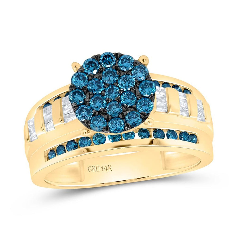 Yellow Gold Natural Diamond Blue Diamond Round Ring - 7/8 Carat Total Diamond Weight