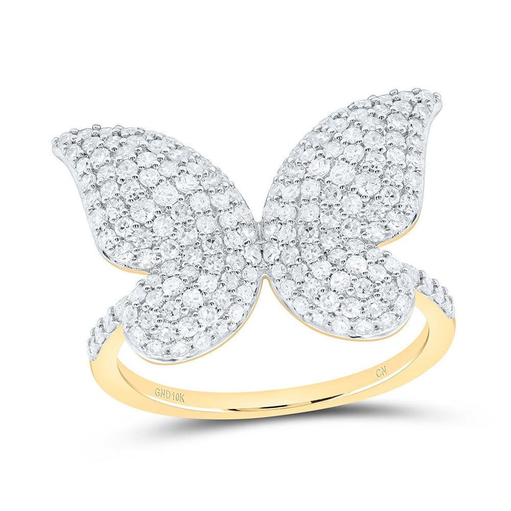 Yellow Gold Natural Diamond Butterfly Ring - 1 Carat Total Diamond Weight