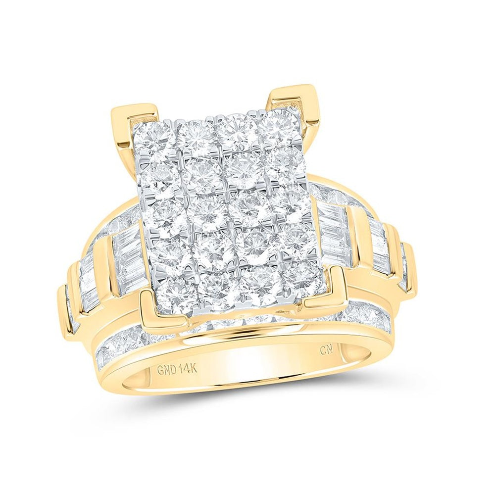 Yellow Gold Natural Diamond Emerald-Shape Cluster Statement Ring with Baguette Accents - 3 Carat Total Diamond Weight