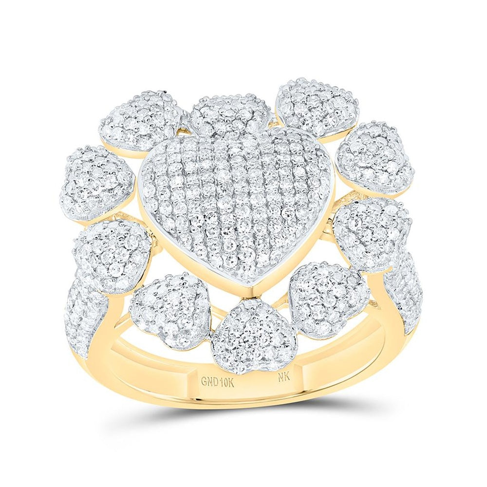 Yellow Gold Natural Diamond Heart Cluster Statement Ring - 1 1/3 Carat Total Diamond Weight