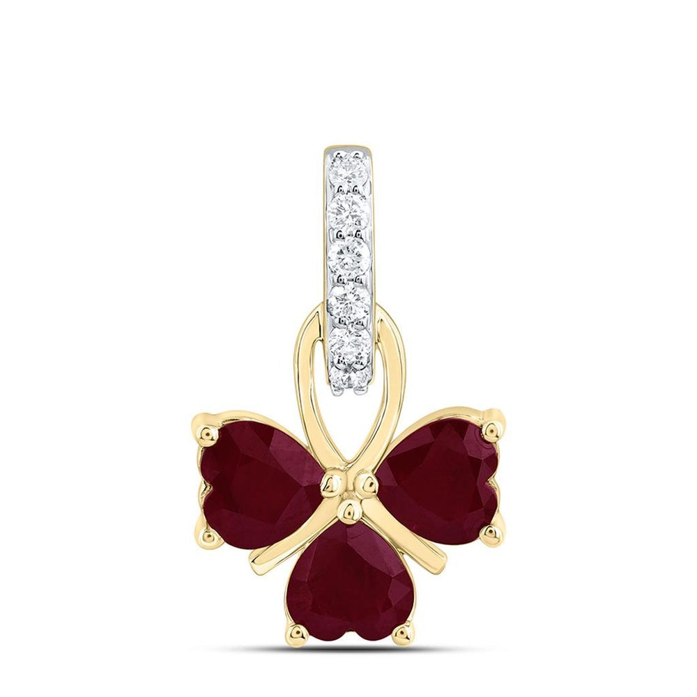 Yellow Gold Natural Diamond - Heart Ruby Heart Pendant - 1/10 Carat Total Diamond Weight