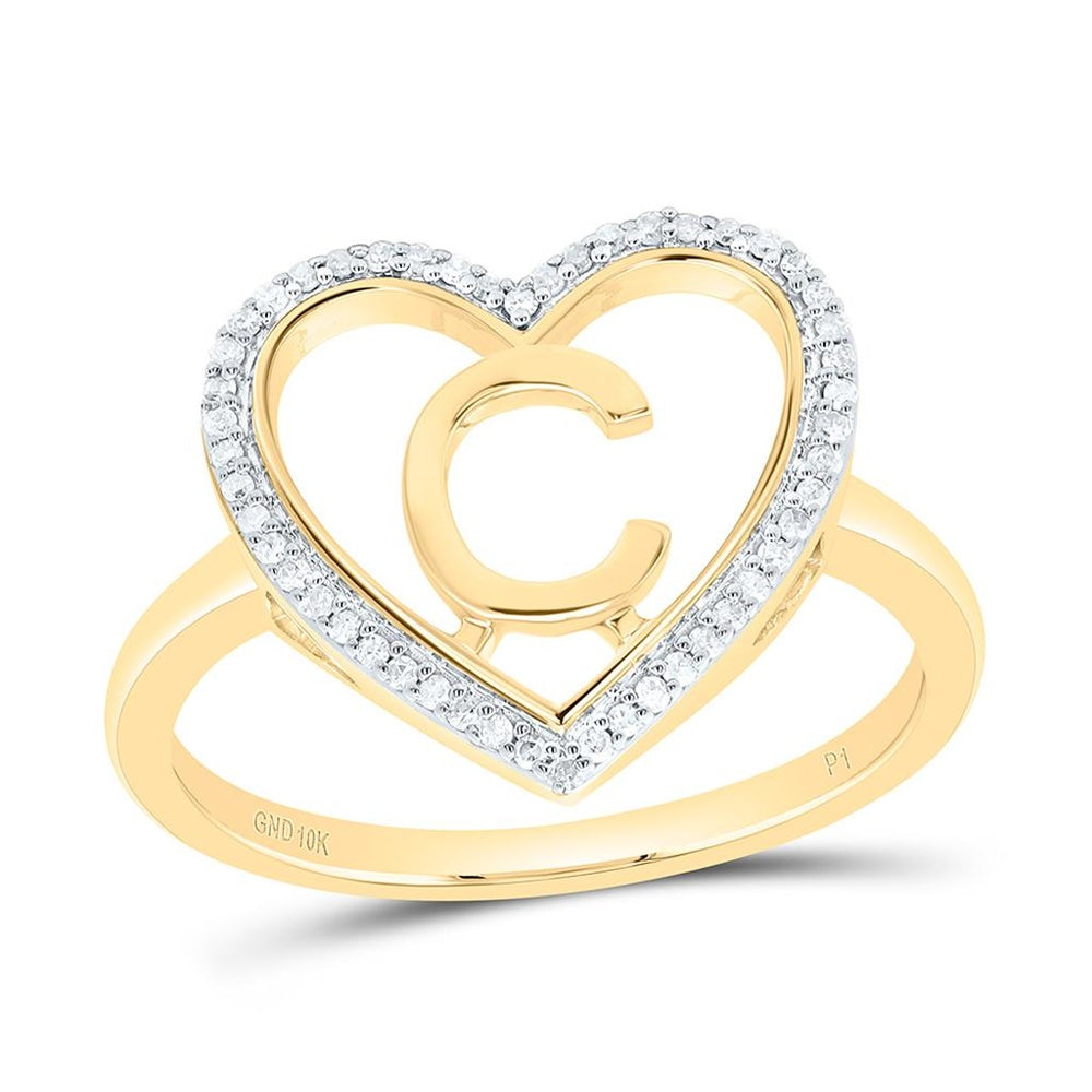 Yellow Gold Natural Diamond Initial "C" Heart Ring - 1/10 Carat Total Diamond Weight