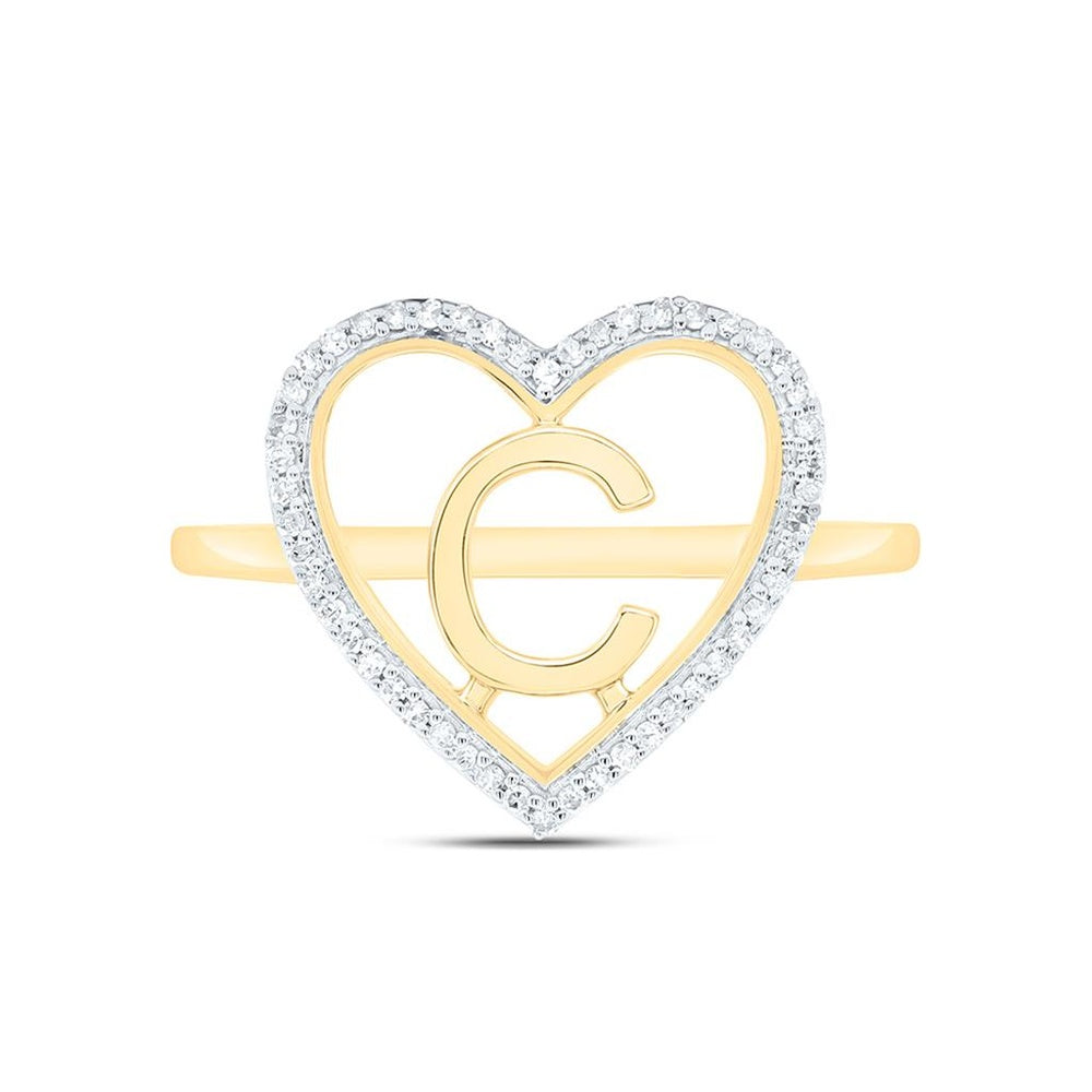 Yellow Gold Natural Diamond Initial "C" Heart Ring - 1/10 Carat Total Diamond Weight