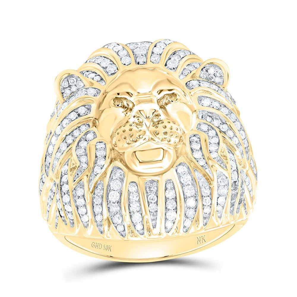 Yellow Gold Natural Diamond Lion Men's Ring - 1 1/3 Carat Total Diamond Weight