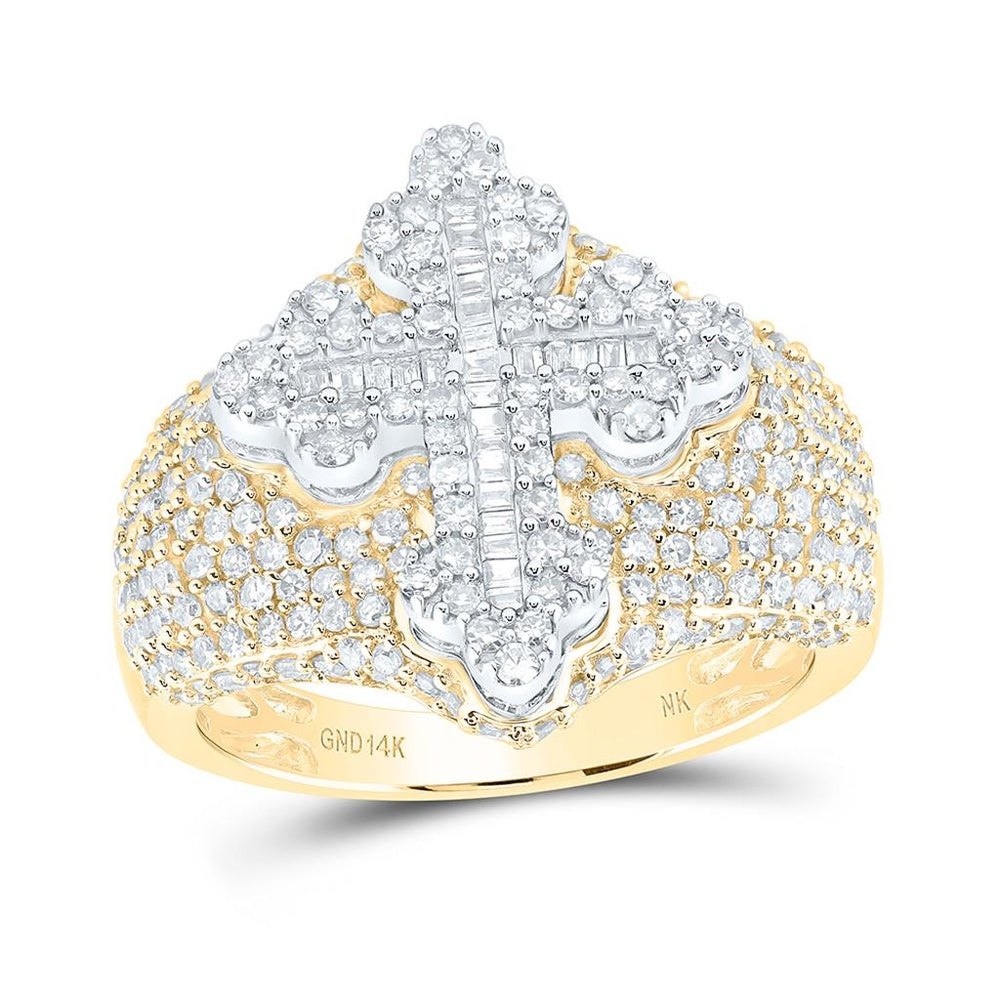 Yellow Gold Natural Diamond Men's Cross Ring - 2 Carat Total Diamond Weight