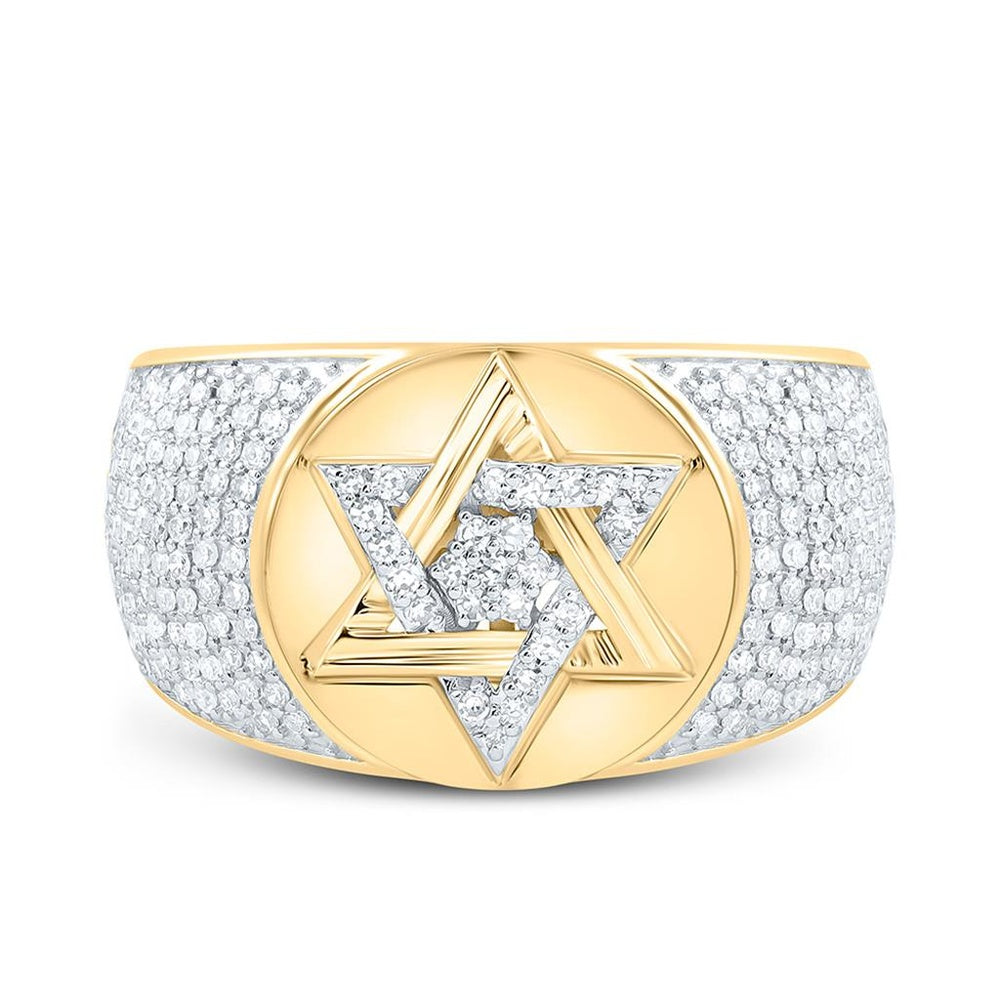 Yellow Gold Natural Diamond Star Of David Men's Ring - 7/8 Carat Total Diamond Weight