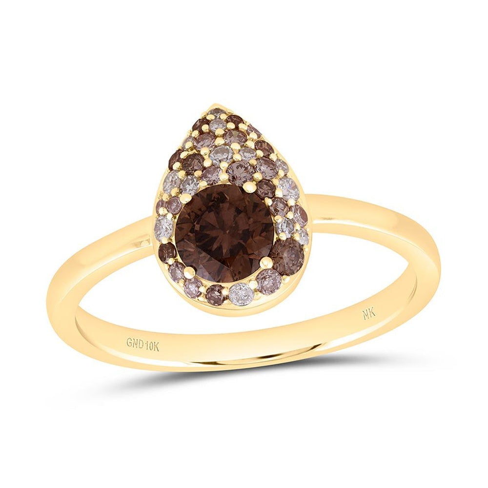 Yellow Gold Pear Brown and White Diamond Ring - 3/4 Carat Total Diamond Weight