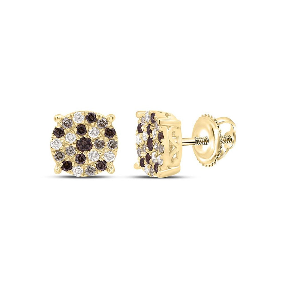 Yellow Gold Round Brown and White Diamond Dangle Earrings - 1/2 Carat Total Diamond Weight