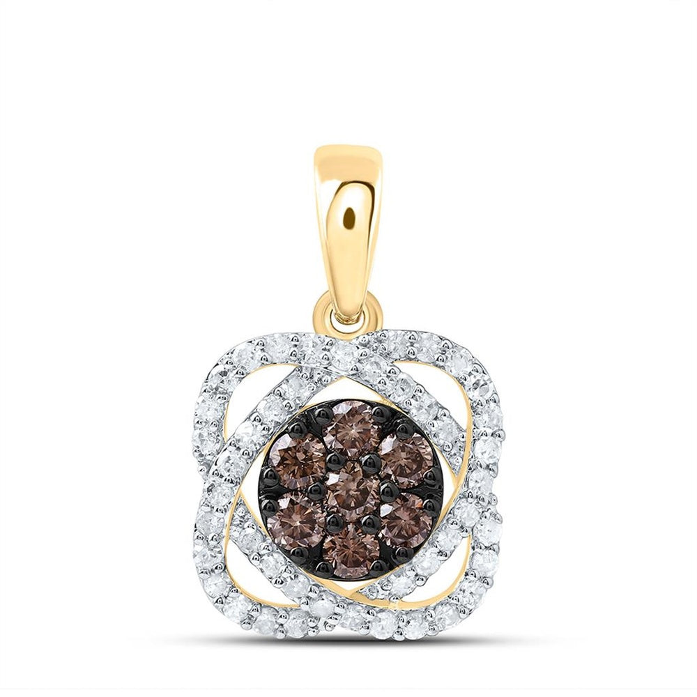 Yellow Gold Round Brown and White Diamond Pendant - 1/2 Carat Total Diamond Weight