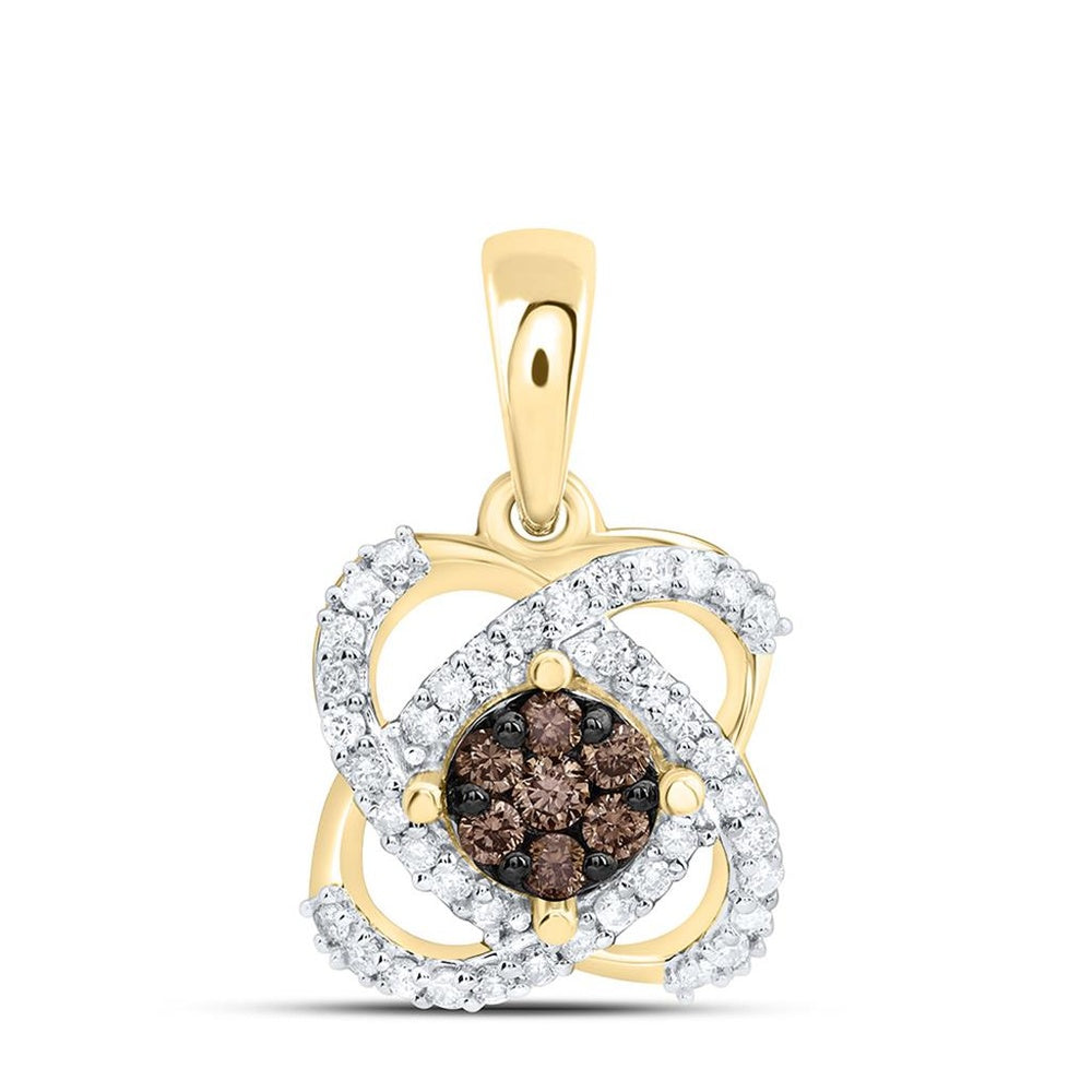 Yellow Gold Round Brown and White Diamond Pendant - 1/4 Carat Total Diamond Weight