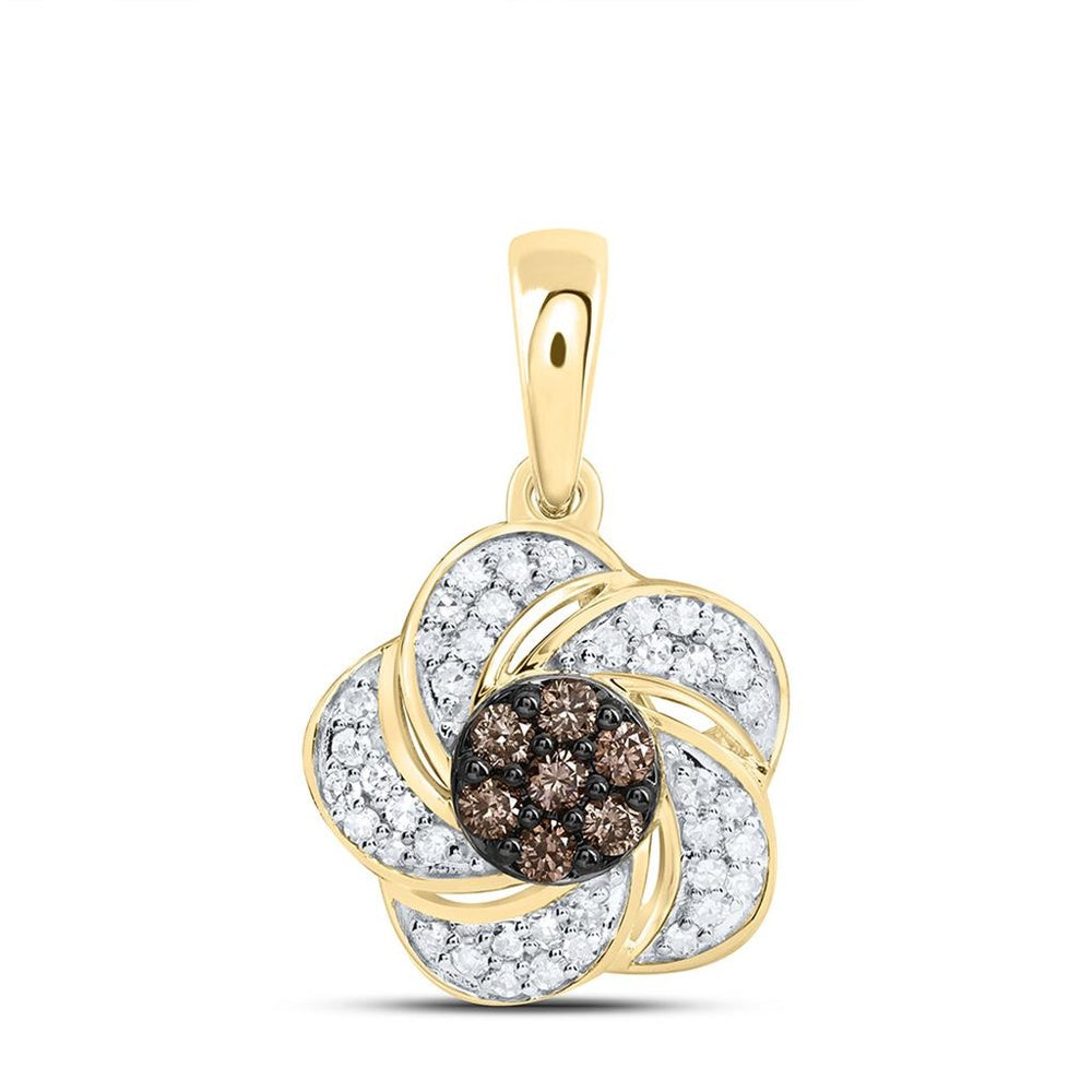 Yellow Gold Round Brown and White Diamond Pendant - 1/4 Carat Total Diamond Weight